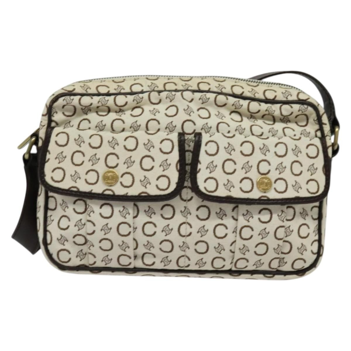 Celine Vintage Macadam Shoulder Bag Canvas and Leather, WHITE, CANVAS, Clutche & pouche