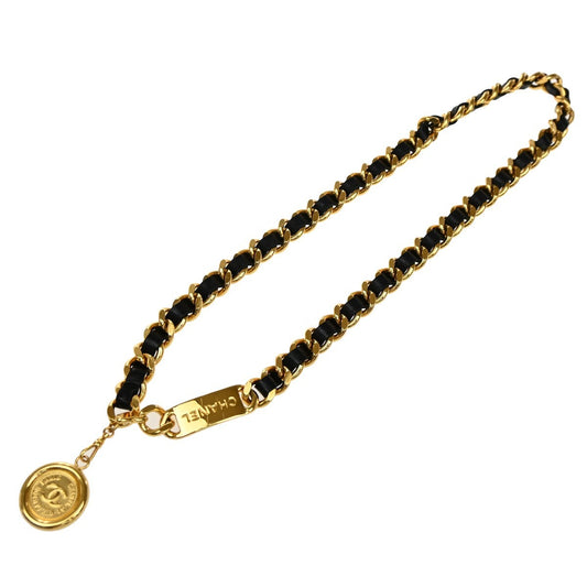 Chanel Vintage Medallion Chain Belt Metal and Leather, BLACK, LEATHER, Belts