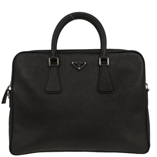Prada Convertible Zip Around Briefcase Saffiano Leather, BLACK, LEATHER, Handbag