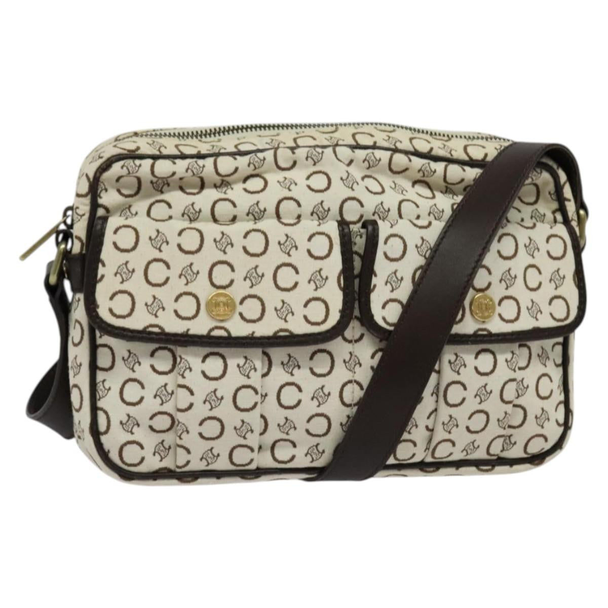 Celine Vintage Macadam Shoulder Bag Canvas and Leather, WHITE, CANVAS, Clutche & pouche