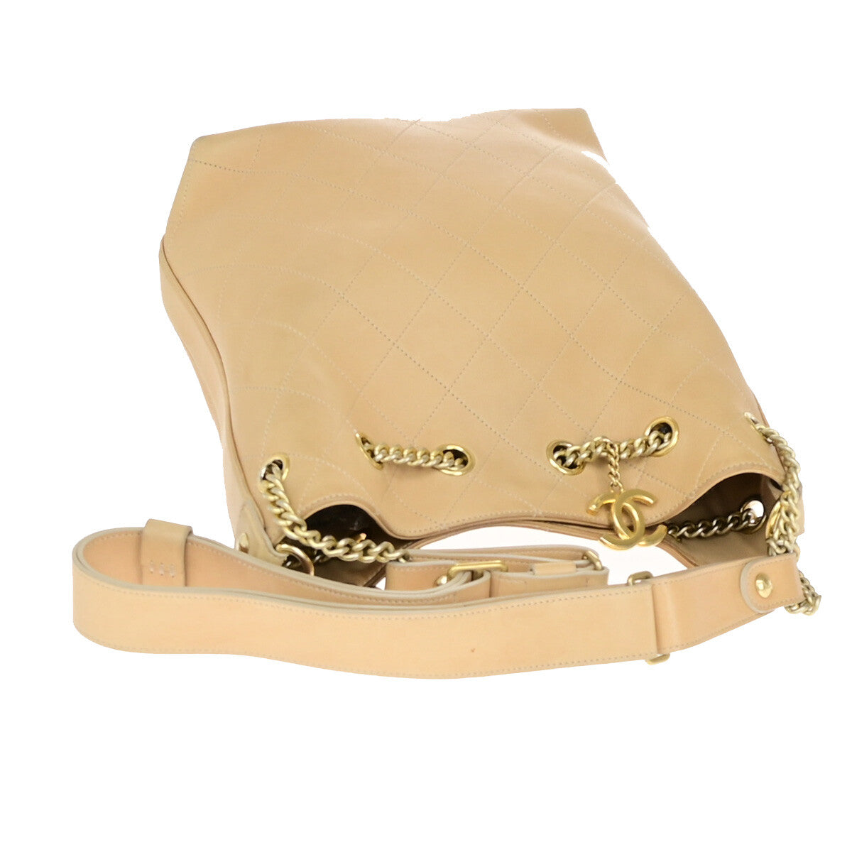 Chanel On My Shoulder Drawstring Bag Quilted Calfskin, BEIGE, LEATHER, Shoulder bag