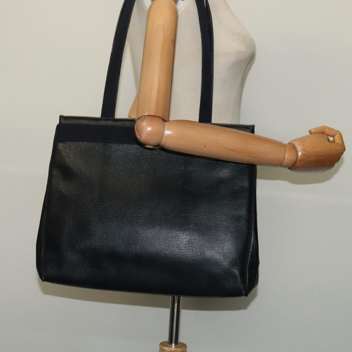 Salvatore Ferragamo Vintage Vara Bow Tote Lizard Embossed Leather, NAVY, LEATHER, Tote bag
