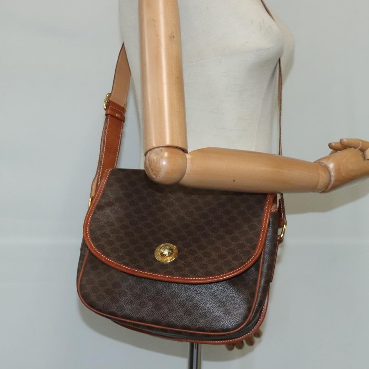 Celine Vintage Macadam Shoulder Bag Canvas and Leather, Brown, Canvas, Shoulder Bag