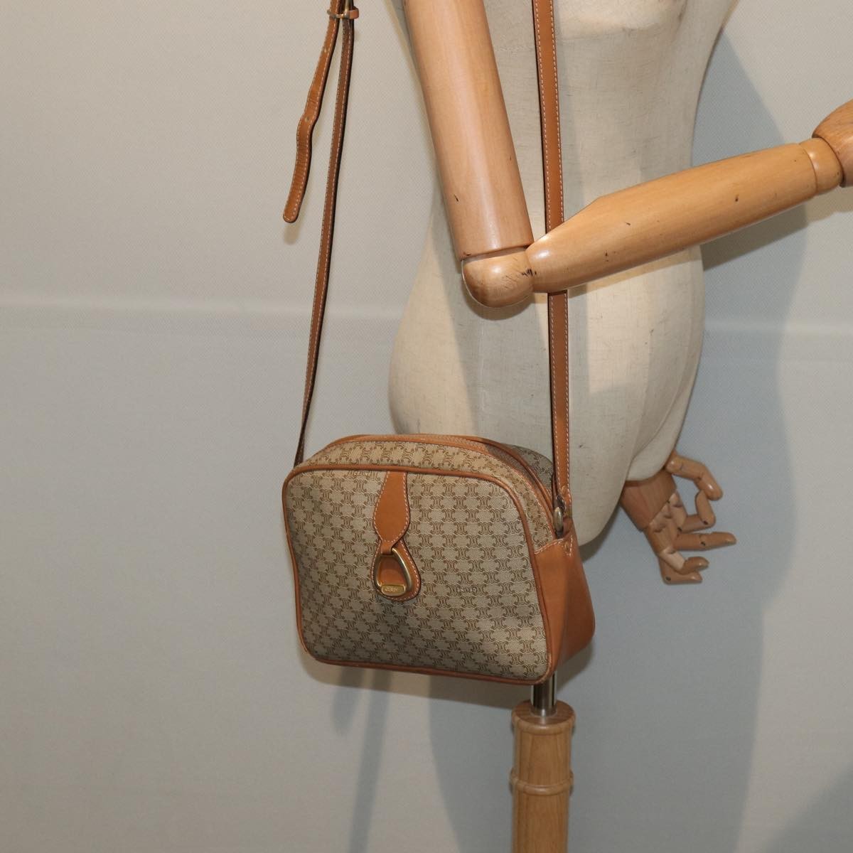 Celine Vintage Macadam Shoulder Bag Canvas and Leather, BEIGE, CANVAS, Shoulder bag