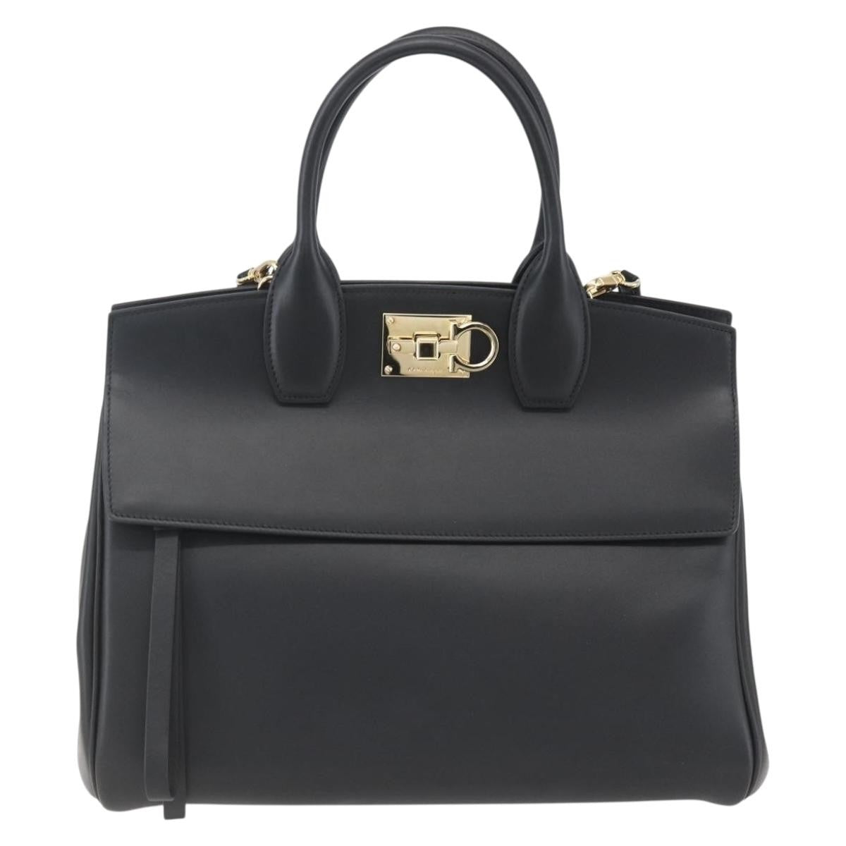 Salvatore Ferragamo Studio Satchel Leather, BLACK, LEATHER, Handbag