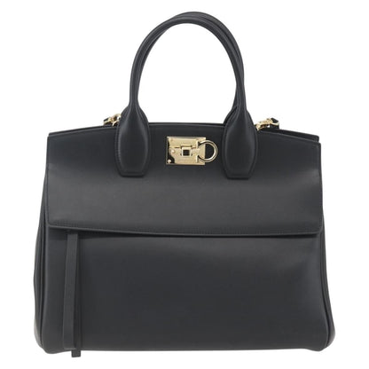 Salvatore Ferragamo Studio Satchel Leather, BLACK, LEATHER, Handbag