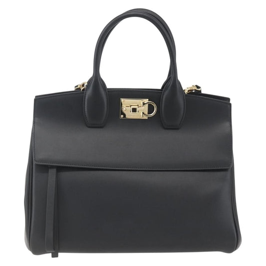 Salvatore Ferragamo Studio Satchel Leather, BLACK, LEATHER, Handbag
