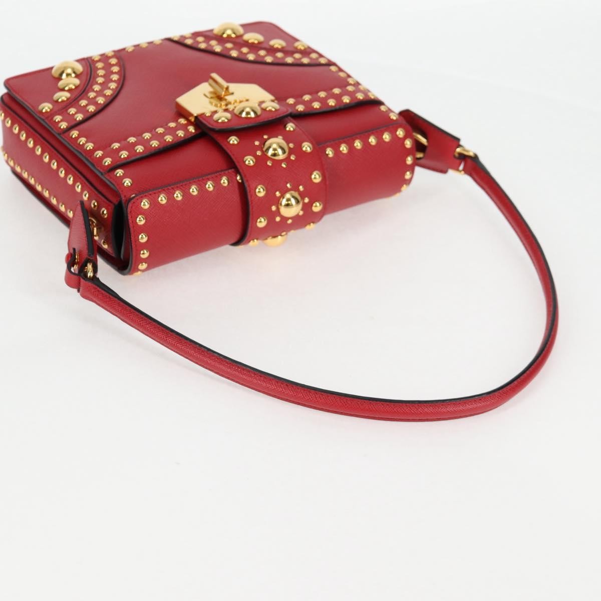 Prada Turn Lock Shoulder Bag Studded Saffiano Leather, RED, LEATHER, Shoulder bag