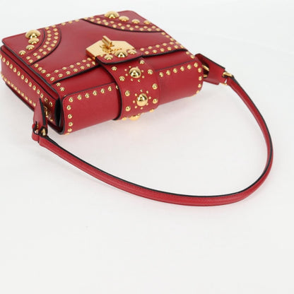 Prada Turn Lock Shoulder Bag Studded Saffiano Leather, RED, LEATHER, Shoulder bag