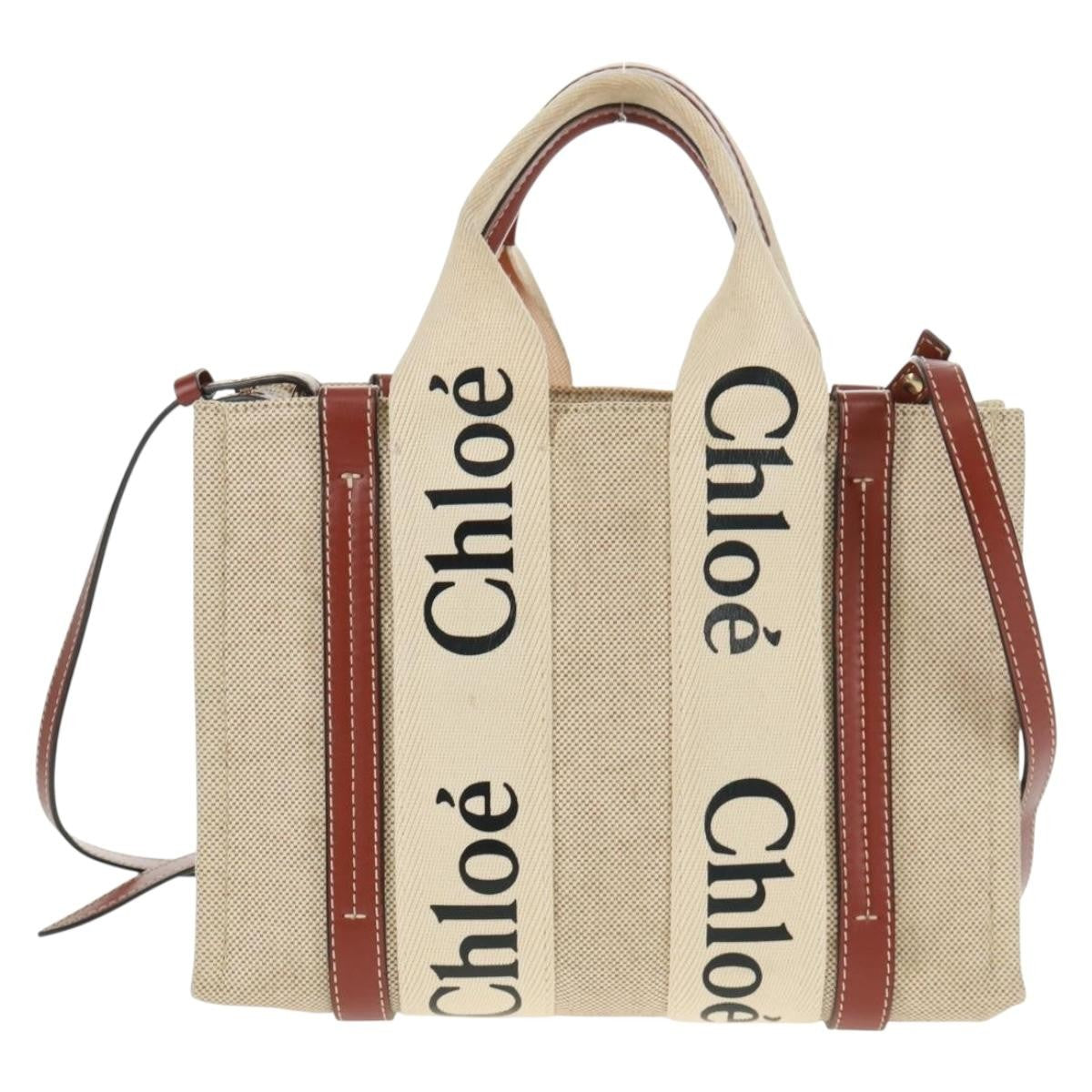 Chloe Woody Convertible Tote Canvas with Leather, BEIGE, CANVAS, Tote bag