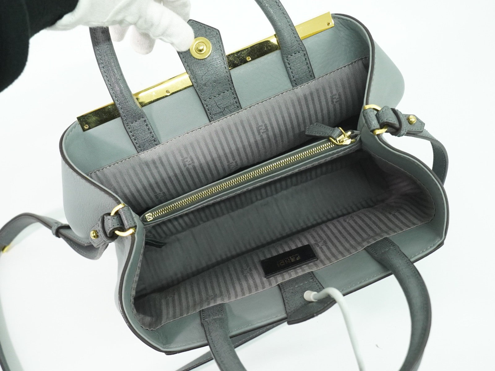 Fendi 2Jours Bag Leather, GRAY, LEATHER, Handbag