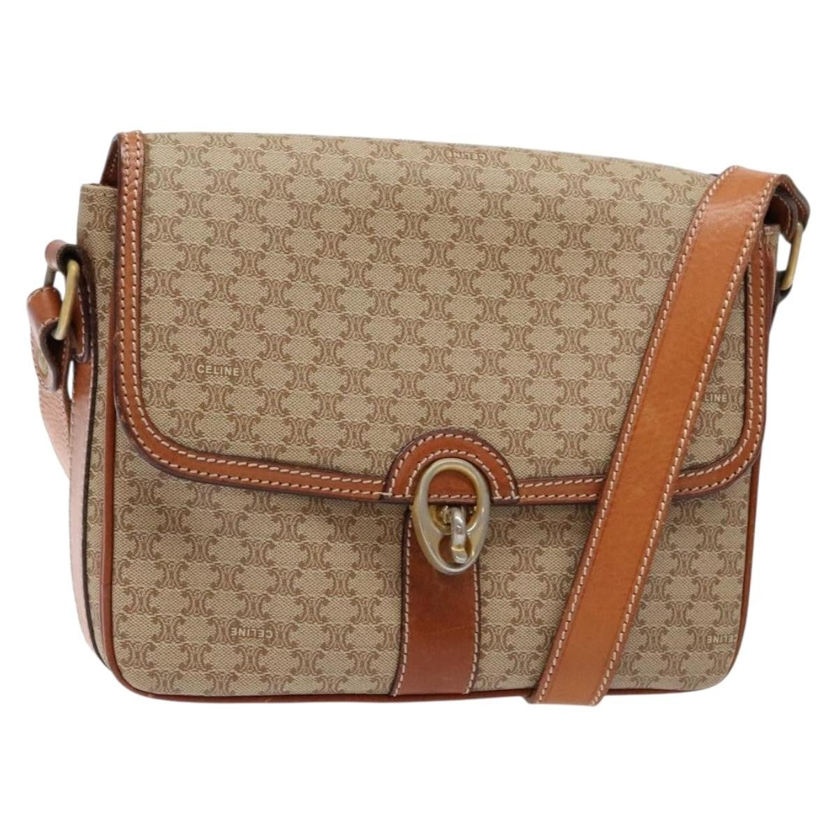 Celine Vintage Macadam Shoulder Bag Canvas and Leather, BEIGE, CANVAS, Shoulder bag