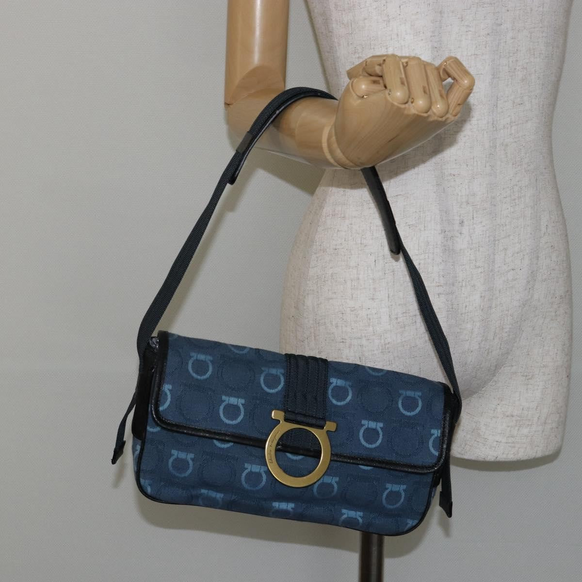 Salvatore Ferragamo Gancini Shoulder Bag Canvas, NAVY, CANVAS, Shoulder bag