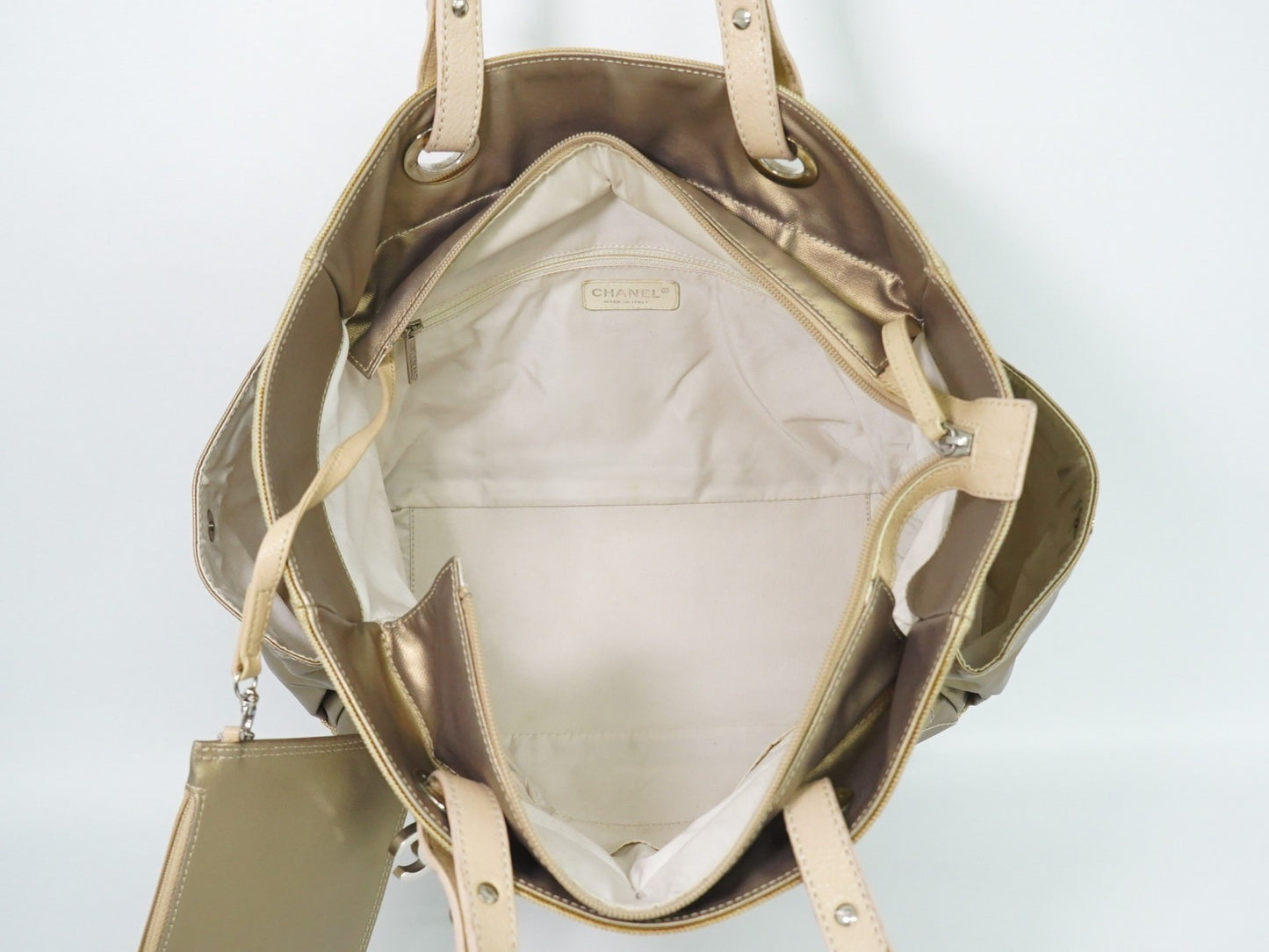 Chanel Biarritz Pocket Tote Quilted Coated Canvas, GOLD, CANVAS, Tote bag