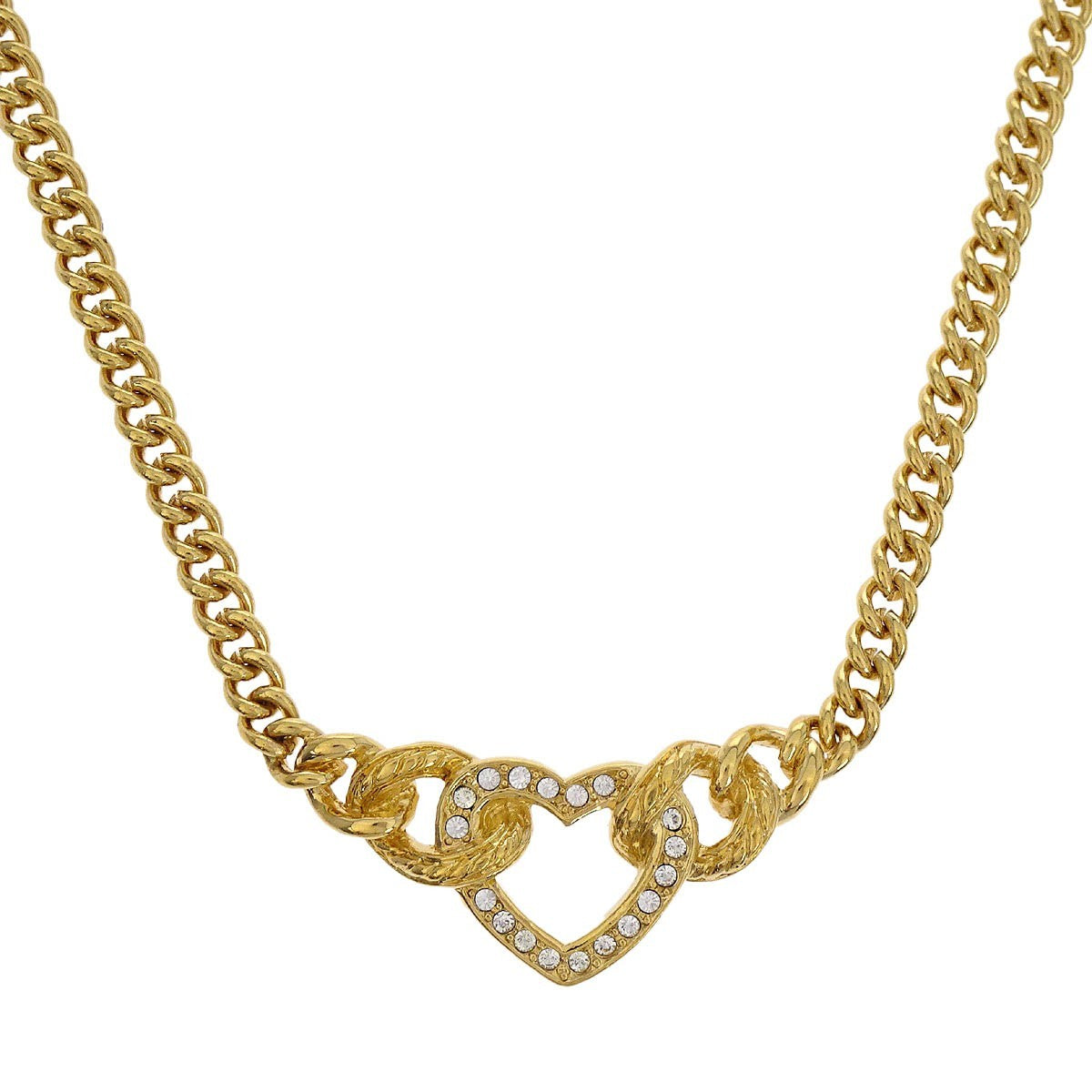 Christian Dior Logo Heart Pendant Necklace Metal with Crystal, GOLD, GOLD_PLATED, Necklace