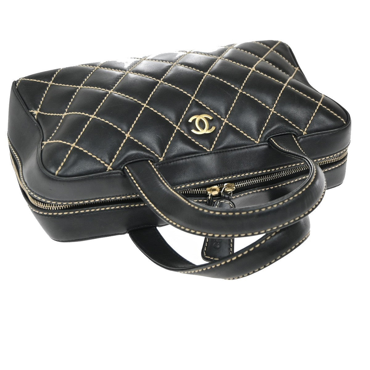Chanel Surpique Boston Bag Quilted Leather, BLACK, LEATHER, Handbag