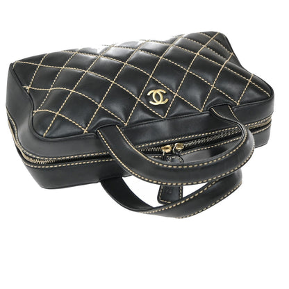 Chanel Surpique Boston Bag Quilted Leather, BLACK, LEATHER, Handbag