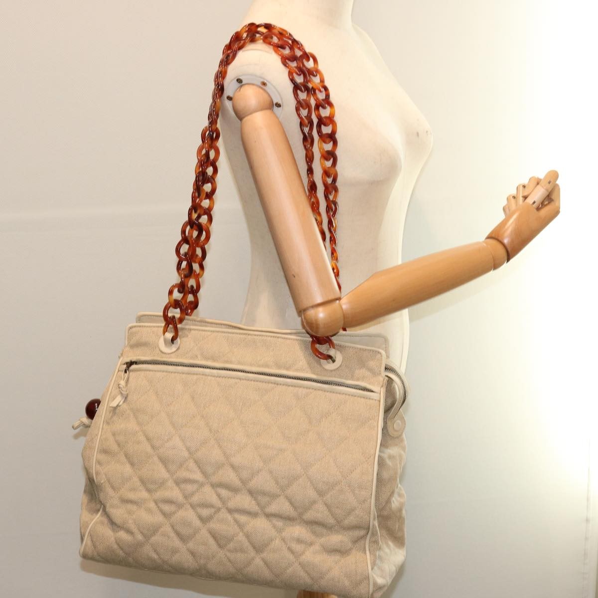 Chanel Resin Chain Handle Shoulder Bag Canvas, BEIGE, CANVAS, Shoulder bag