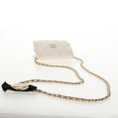 Chanel Camellia Bow Flap Card Holder with Chain Quilted Lambskin, WHITE, LEATHER, Shoulder bag