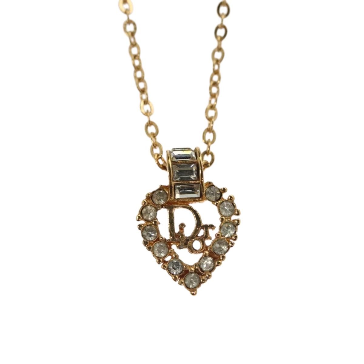Christian Dior Logo Heart Pendant Necklace Metal with Crystal, GOLD, METAL, Necklace
