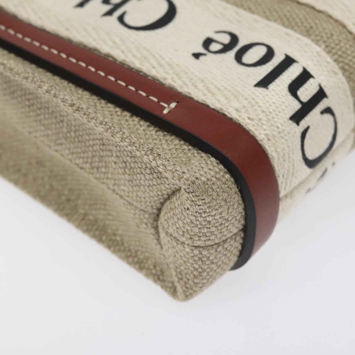 Chloe Woody Tote Canvas with Leather, BEIGE, CANVAS, Tote bag