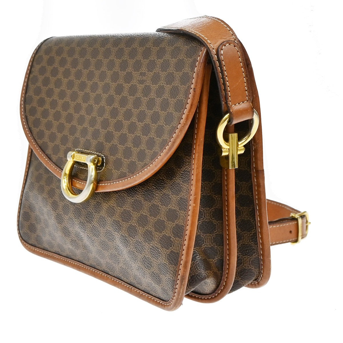 Celine Macadam Shoulder Bag Leather, BROWN, LEATHER, Shoulder bag