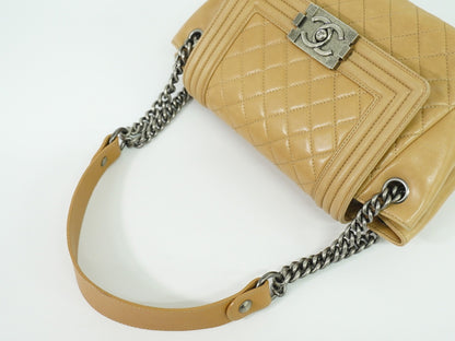 Chanel Boy Accordion Flap Bag Quilted Lambskin, BEIGE, LEATHER, Shoulder bag