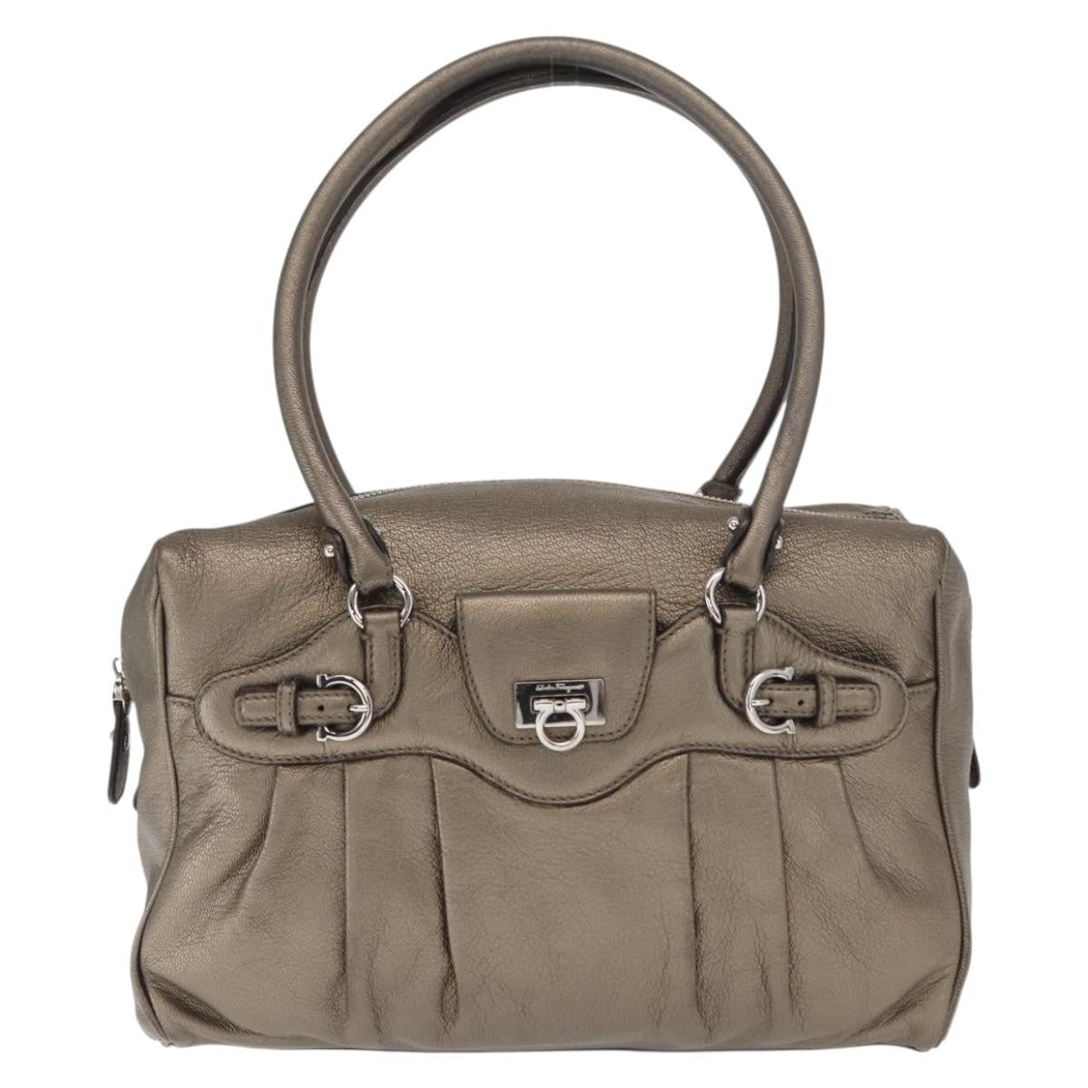 Salvatore Ferragamo Gancini Buckle Shoulder Bag Leather, GOLD, LEATHER, Handbag