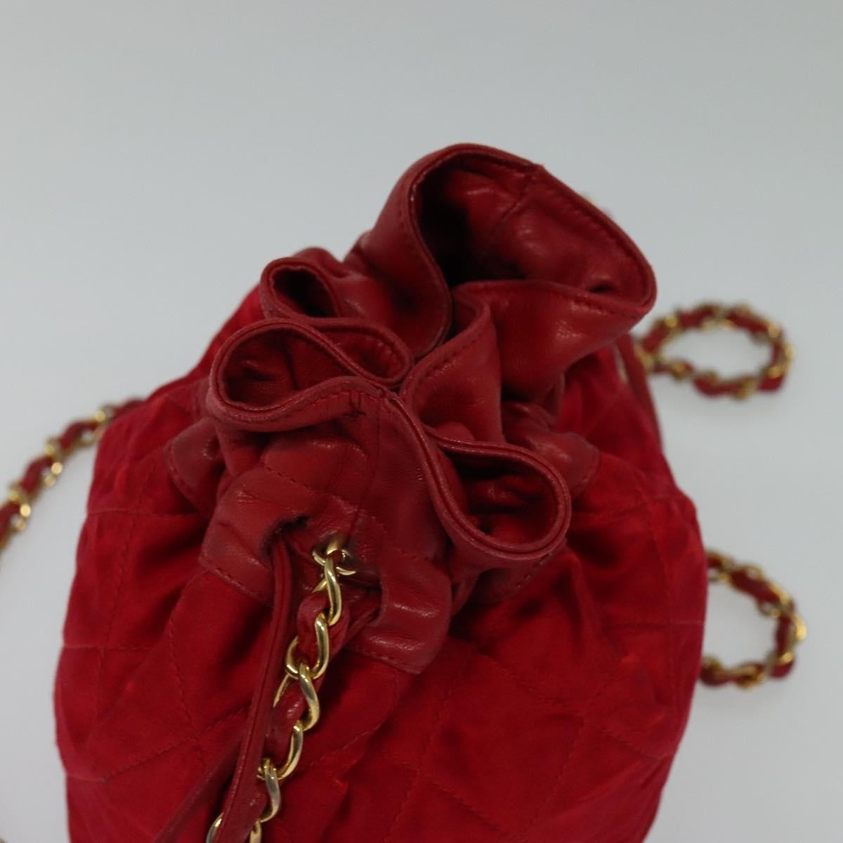 Chanel Vintage Drawstring Bucket Bag Quilted Satin, RED, SATIN, Shoulder bag
