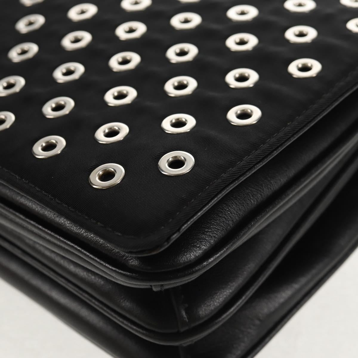 Prada Grommet Chain Flap Shoulder Bag Tessuto with Soft Calf, BLACK, NYLON, Shoulder bag