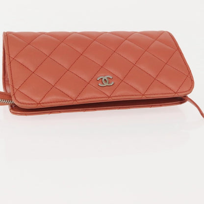 Chanel Classic Double Pocket Zip Pouch Quilted Lambskin, ORANGE, LEATHER, Clutche & pouche