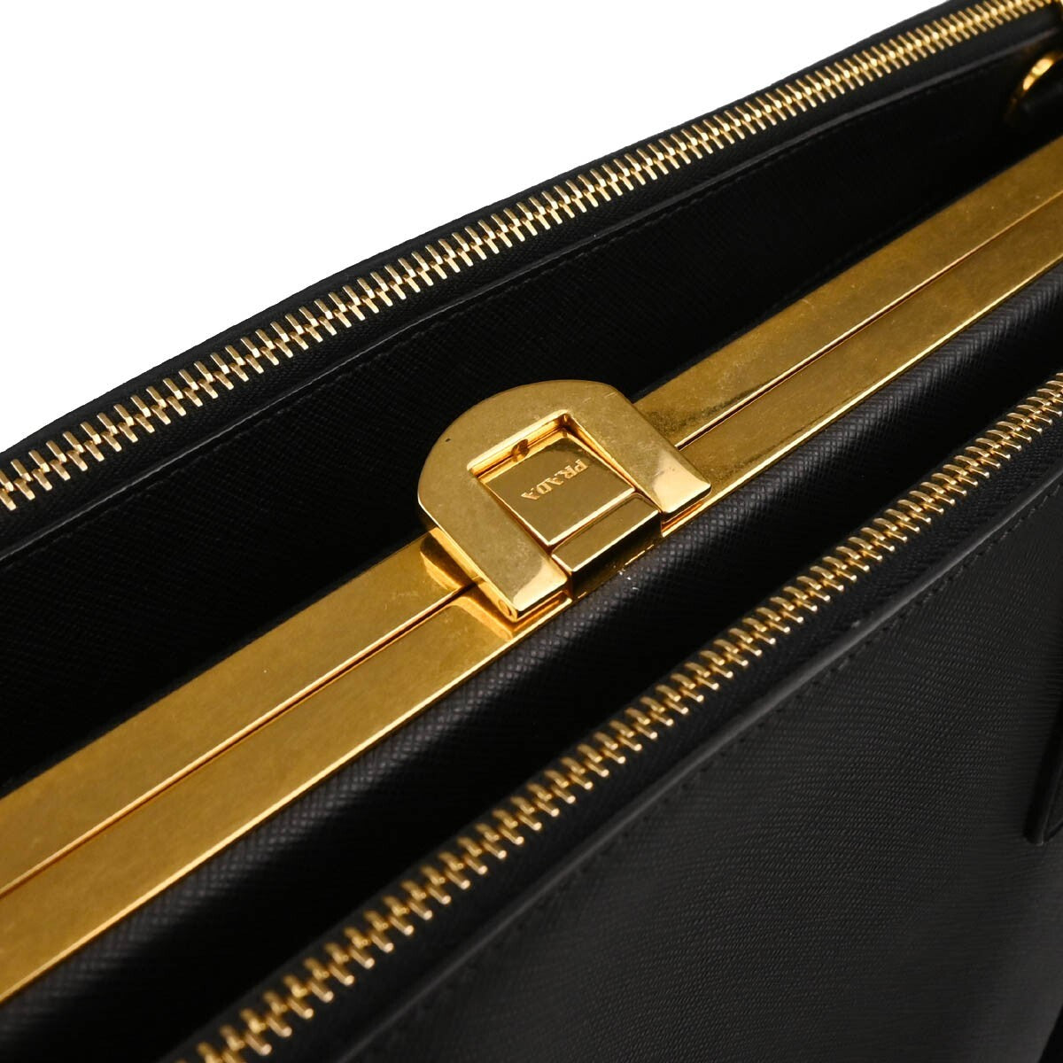 Prada Lux Double Zip Frame Tote Saffiano Leather, BLACK, LEATHER, Tote bag