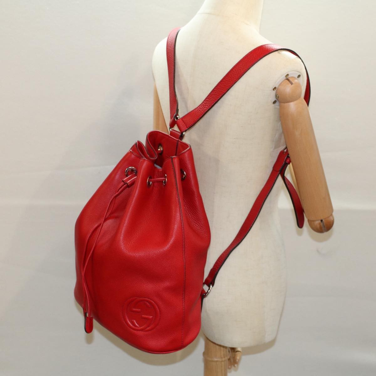 Gucci Soho Drawstring Backpack Leather, Red, Leather, Backpack