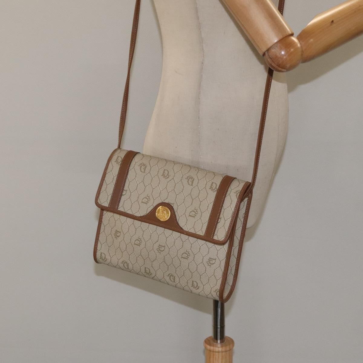 Christian Dior Vintage Honeycomb Flap Crossbody Bag Coated Canvas, BEIGE, CANVAS, Crossbody bag