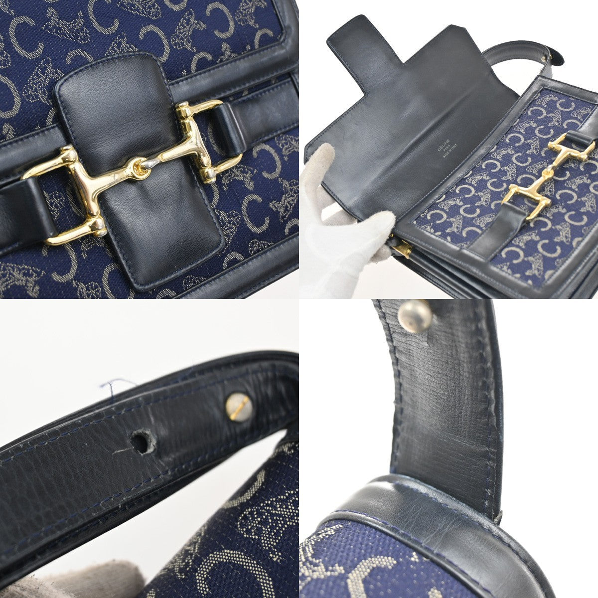 Celine Horse Carriage Shoulder bag Canvas and Leather, Navy, Canvas, Shoulder Bag