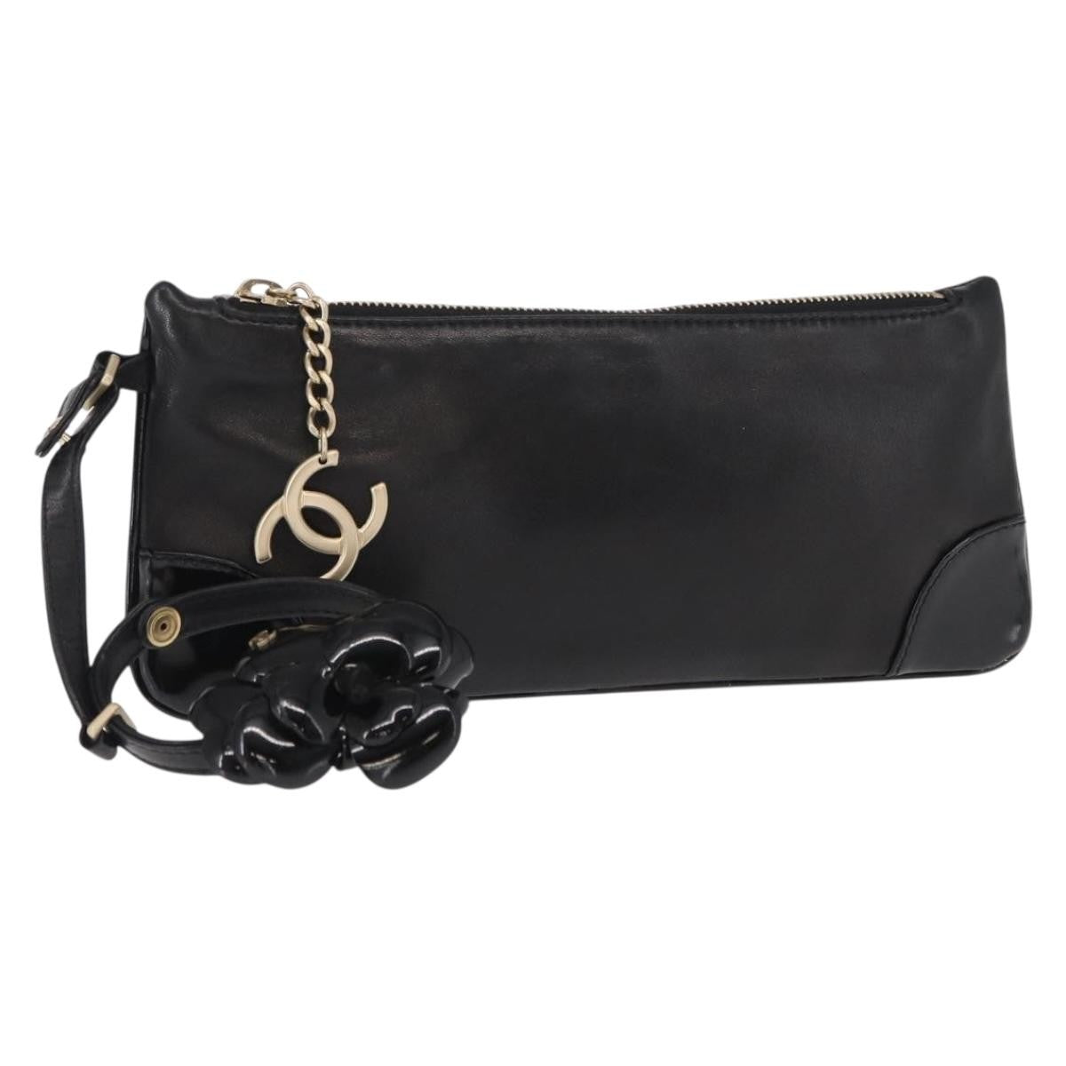 Chanel Camellia Clutch Bag Leather, BLACK, LEATHER, Clutche & pouche