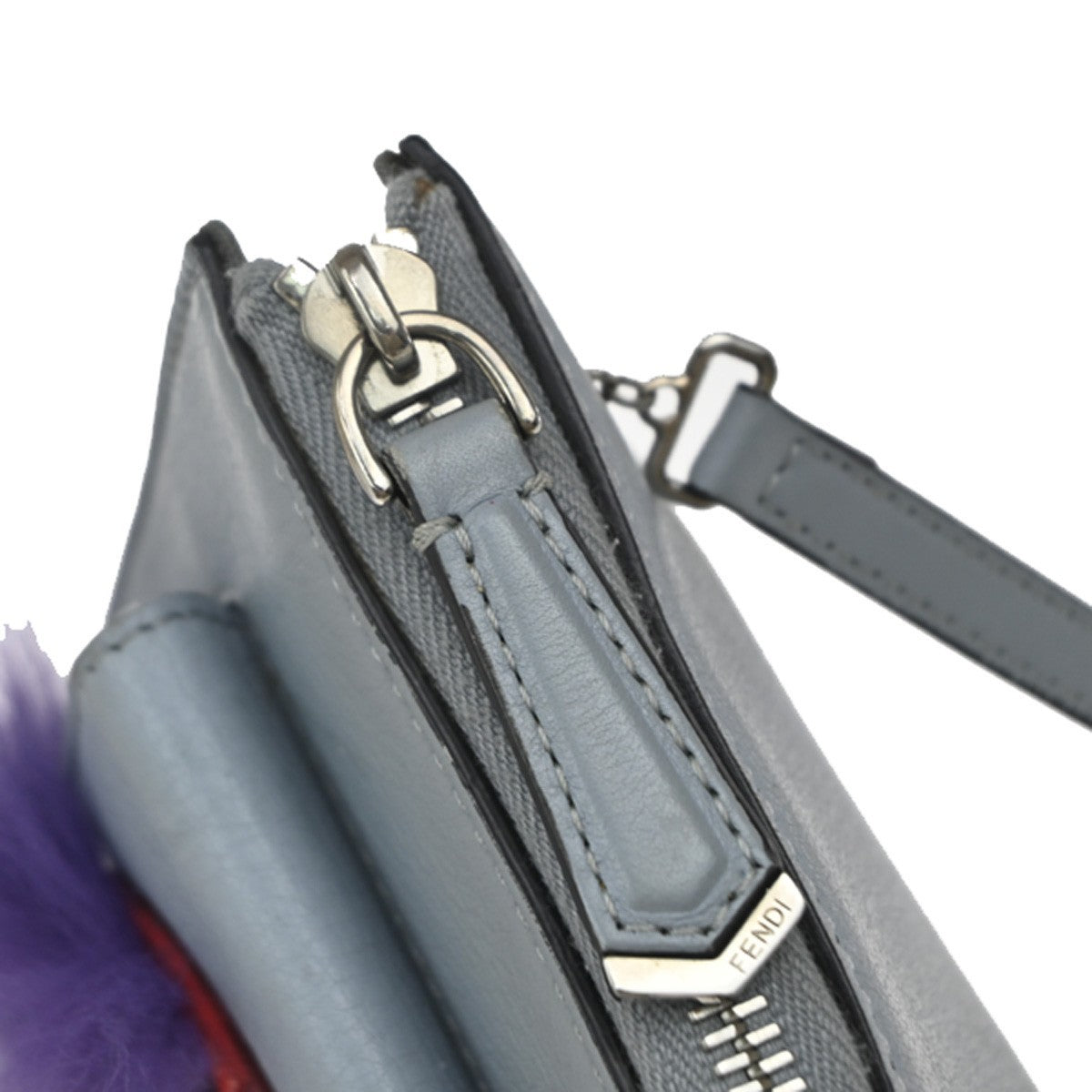 Fendi Monster Front Pocket Clutch Leather with Fur, GRAY, LEATHER, Clutche & pouche
