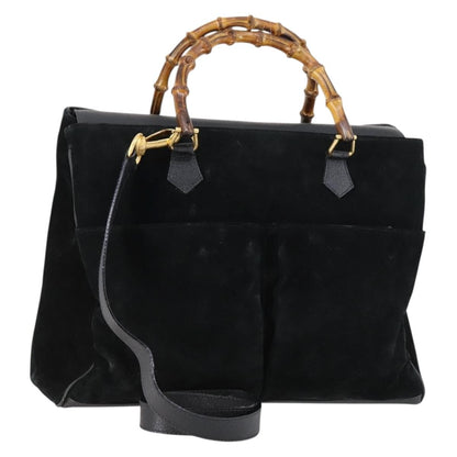 Gucci Vintage Bamboo Handle Bag Suede, BLACK, SUEDE, Handbag