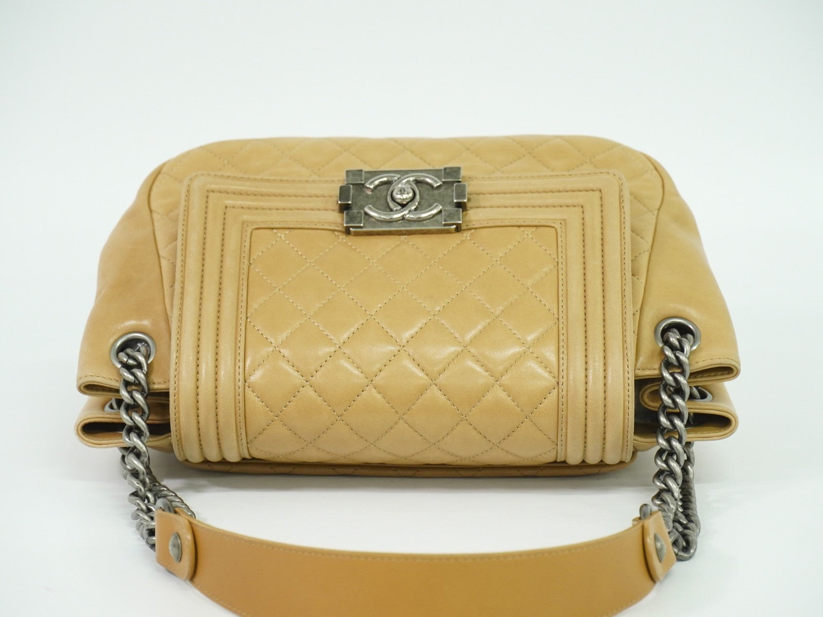 Chanel Boy Accordion Flap Bag Quilted Lambskin, BEIGE, LEATHER, Shoulder bag