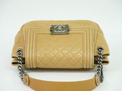 Chanel Boy Accordion Flap Bag Quilted Lambskin, BEIGE, LEATHER, Shoulder bag