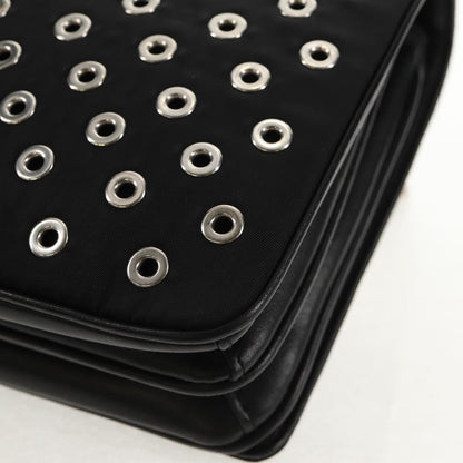 Prada Grommet Chain Flap Shoulder Bag Tessuto with Soft Calf, BLACK, NYLON, Shoulder bag