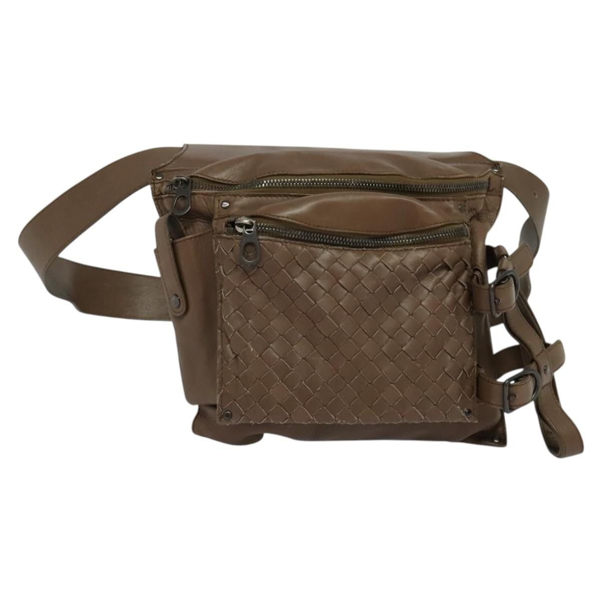 Bottega Veneta Zip Pocket Waist Bag Leather with Intrecciato, BROWN, LEATHER, Clutche & pouche