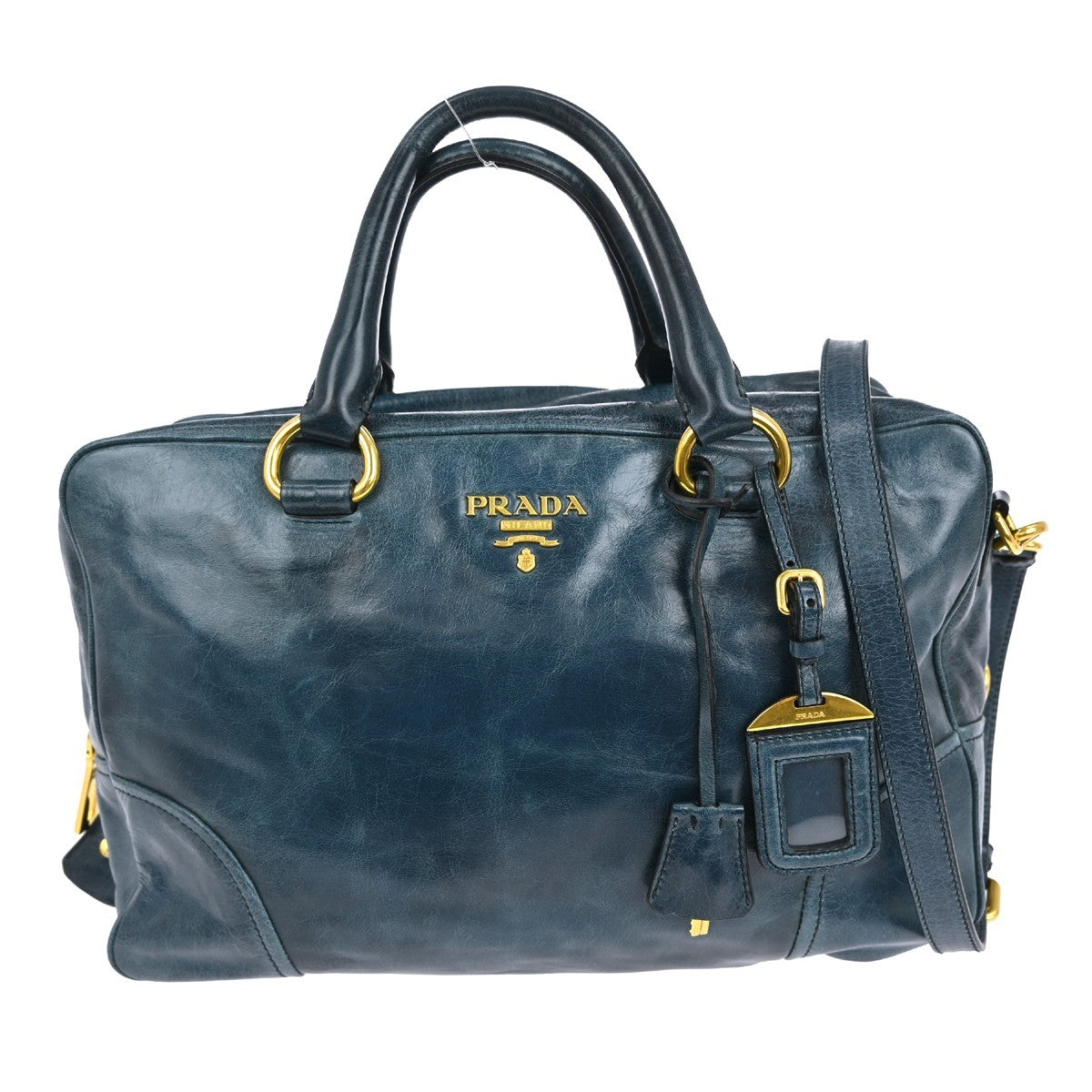 Prada Convertible Bauletto Bag Vitello Shine, BLUE, LEATHER, Handbag