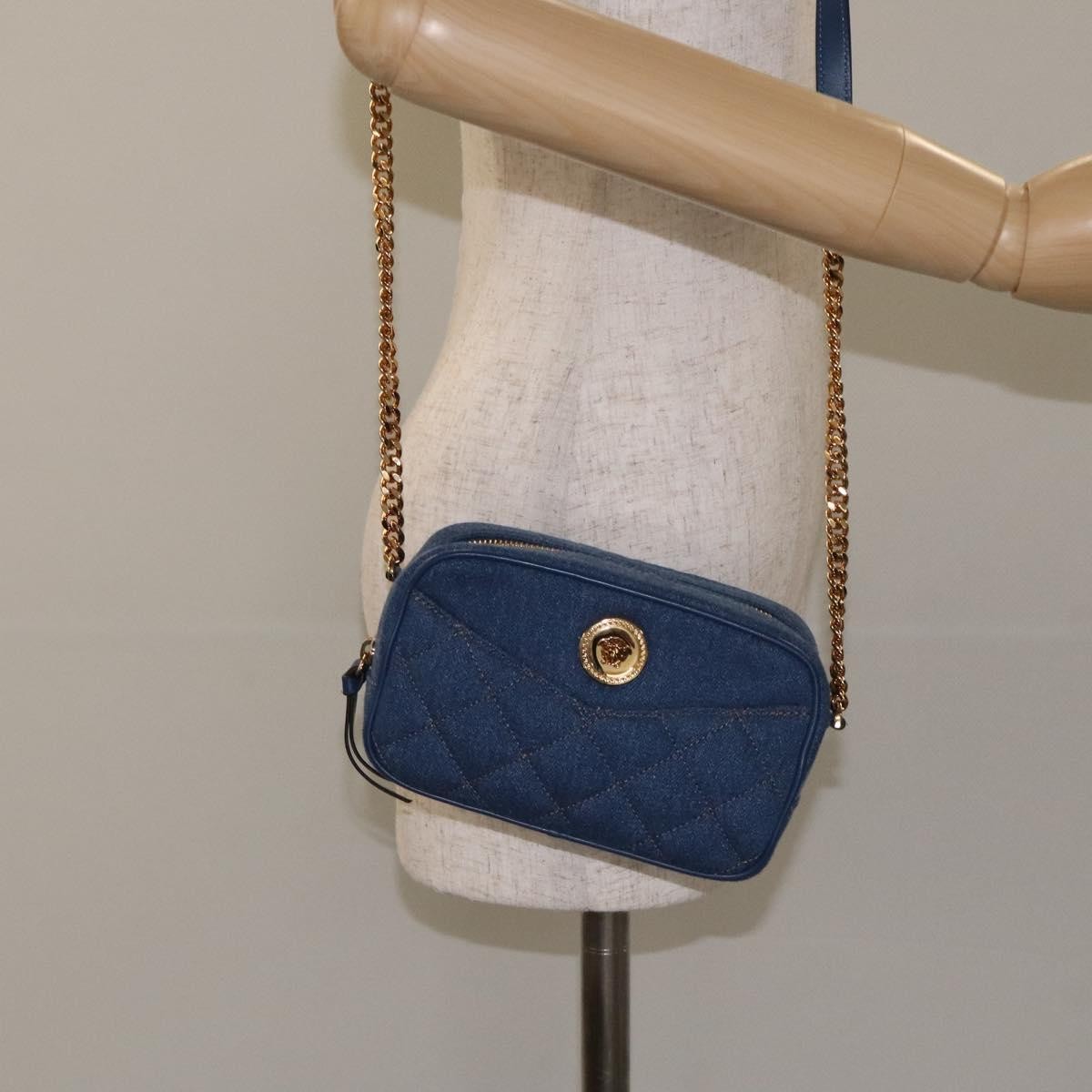 Versace Medusa Icon Front Slip Pocket Camera Bag Quilted Denim, BLUE, DENIM_JEANS, Crossbody bag