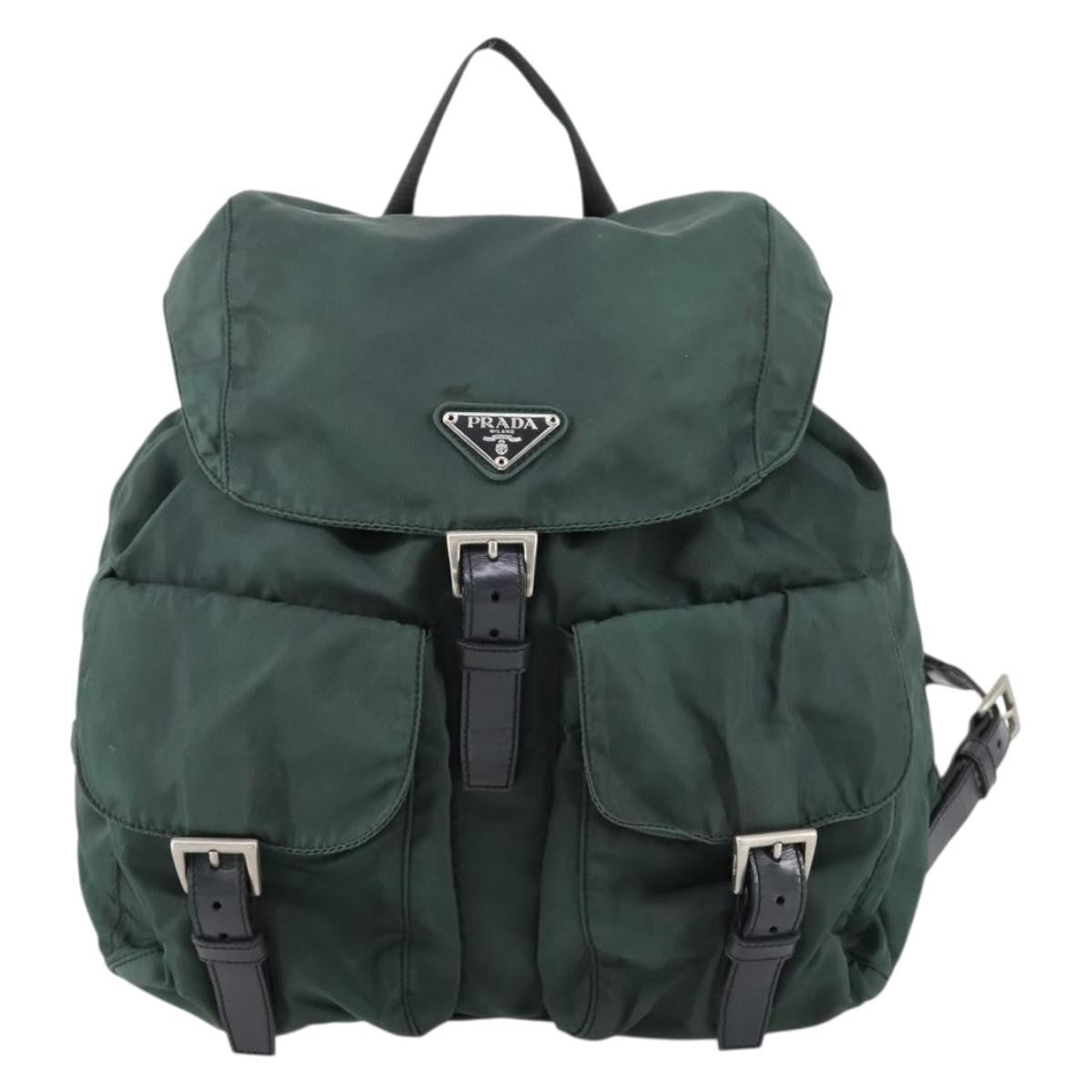 Prada Vela Double Front Pocket Backpack Tessuto with Saffiano Leather, GREEN, NYLON, Backpack