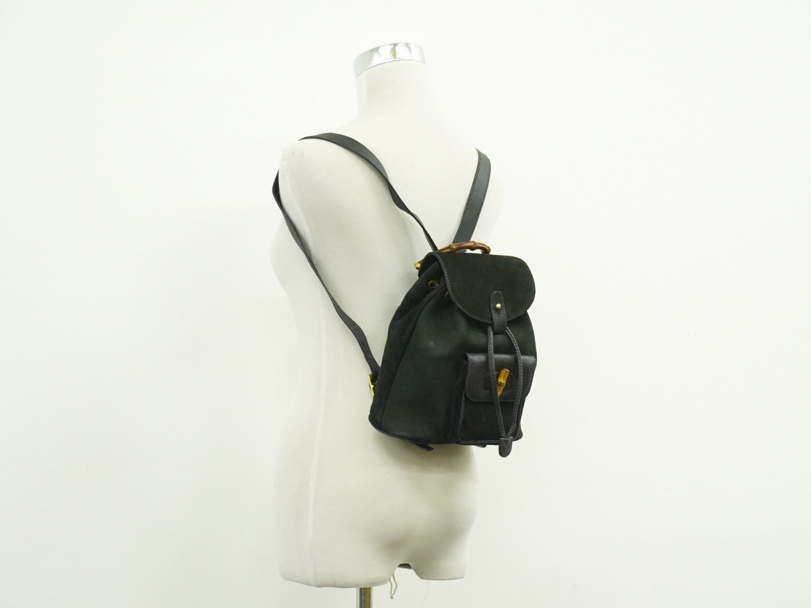 Gucci Vintage Bamboo Backpack Suede, BLACK, SUEDE, Backpack