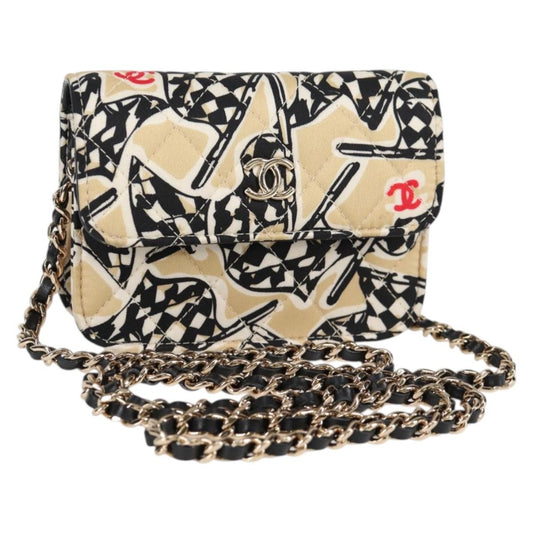 Chanel Flap Card Holder on Chain Quilted Printed Canvas, BEIGE, CANVAS, Clutche & pouche