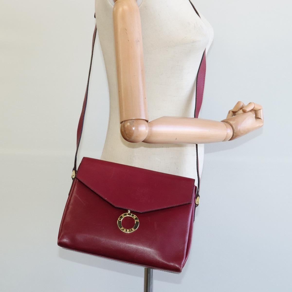 Celine Circle logo Leather, BURGUNDY, LEATHER, Shoulder bag
