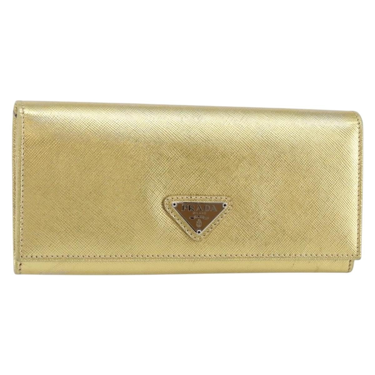 Prada Continental Wallet Saffiano Leather, GOLD, LEATHER, Wallets