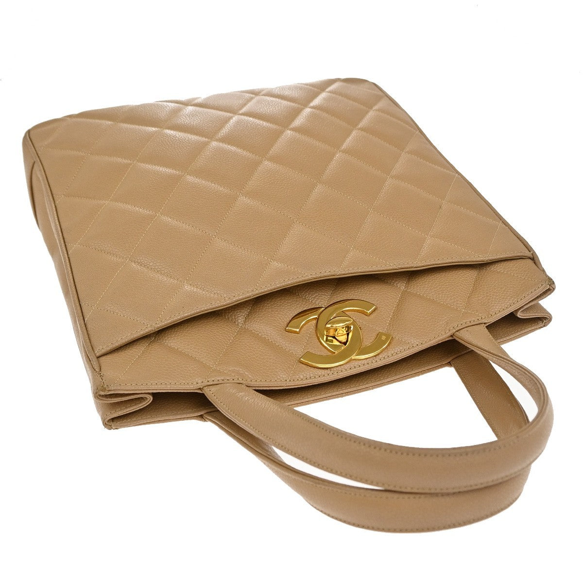 Chanel Vintage CC Lock Pocket Tote Quilted Caviar, BEIGE, LEATHER, Handbag